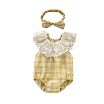 Baby Girls Checked Rompers And Bow Accessories Headwear