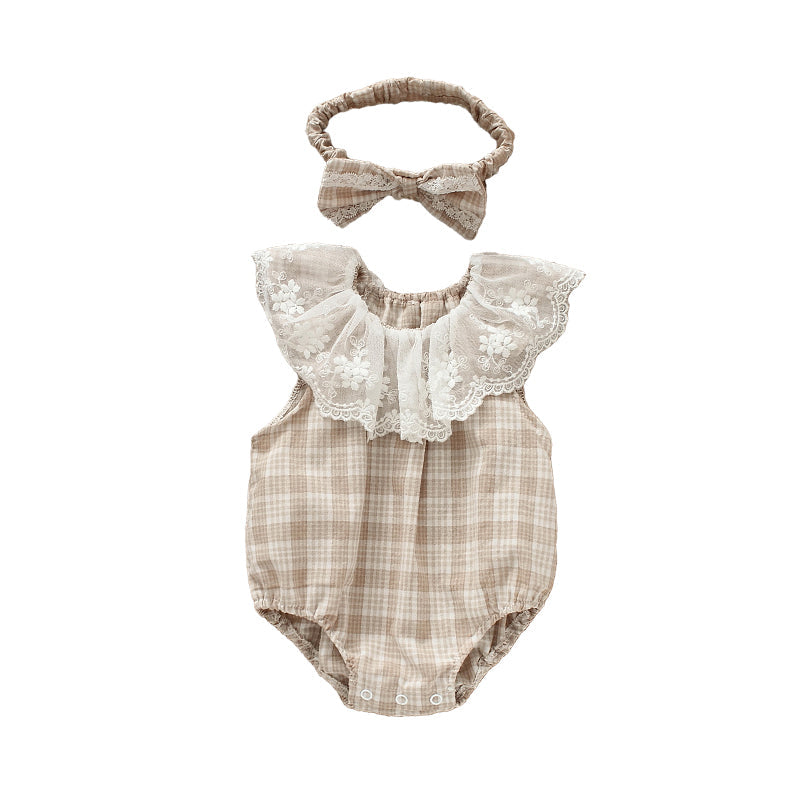 Baby Girls Checked Rompers And Bow Accessories Headwear