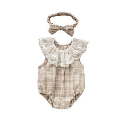 Baby Girls Checked Rompers And Bow Accessories Headwear