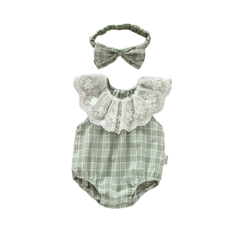 Baby Girls Checked Rompers And Bow Accessories Headwear