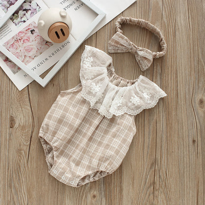 Baby Girls Checked Rompers And Bow Accessories Headwear