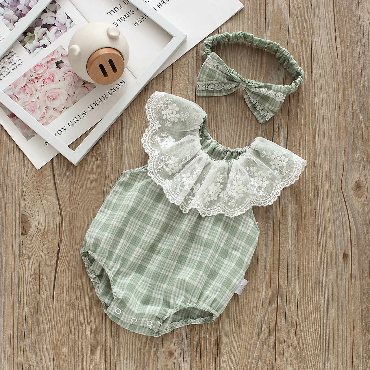 Baby Girls Checked Rompers And Bow Accessories Headwear