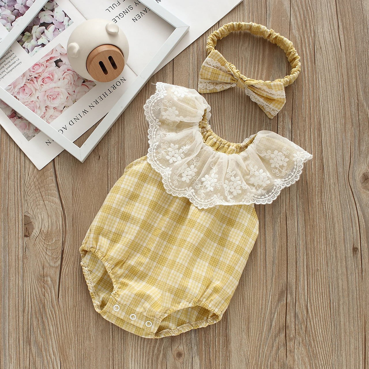 Baby Girls Checked Rompers And Bow Accessories Headwear