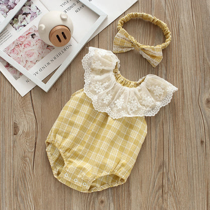 Baby Girls Checked Rompers And Bow Accessories Headwear