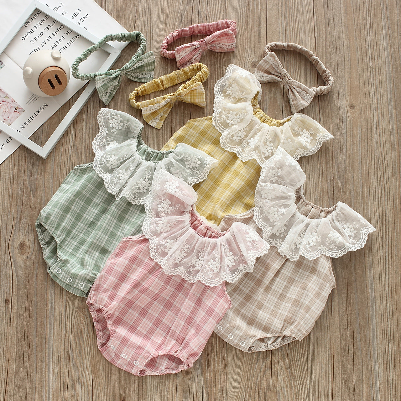Baby Girls Checked Rompers And Bow Accessories Headwear