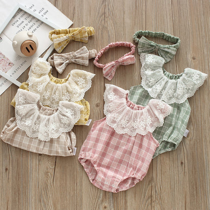Baby Girls Checked Rompers And Bow Accessories Headwear