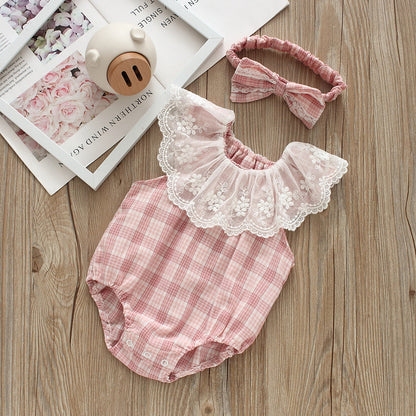 Baby Girls Checked Rompers And Bow Accessories Headwear