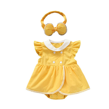 Baby Girls Solid Color Rompers And Bow Accessories Headwear