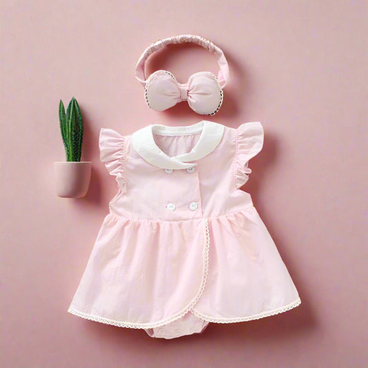 Baby Girls Solid Color Rompers And Bow Accessories Headwear