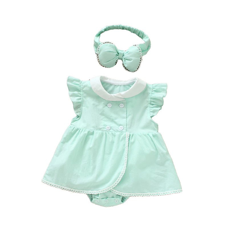 Baby Girls Solid Color Rompers And Bow Accessories Headwear