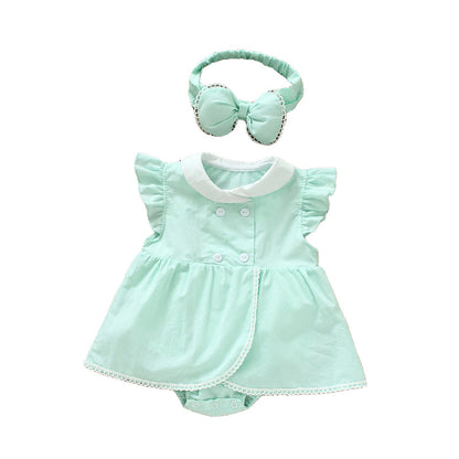 Baby Girls Solid Color Rompers And Bow Accessories Headwear