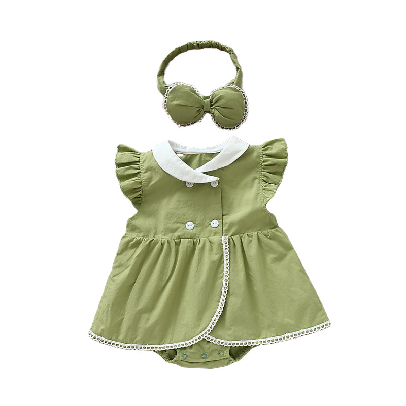 Baby Girls Solid Color Rompers And Bow Accessories Headwear