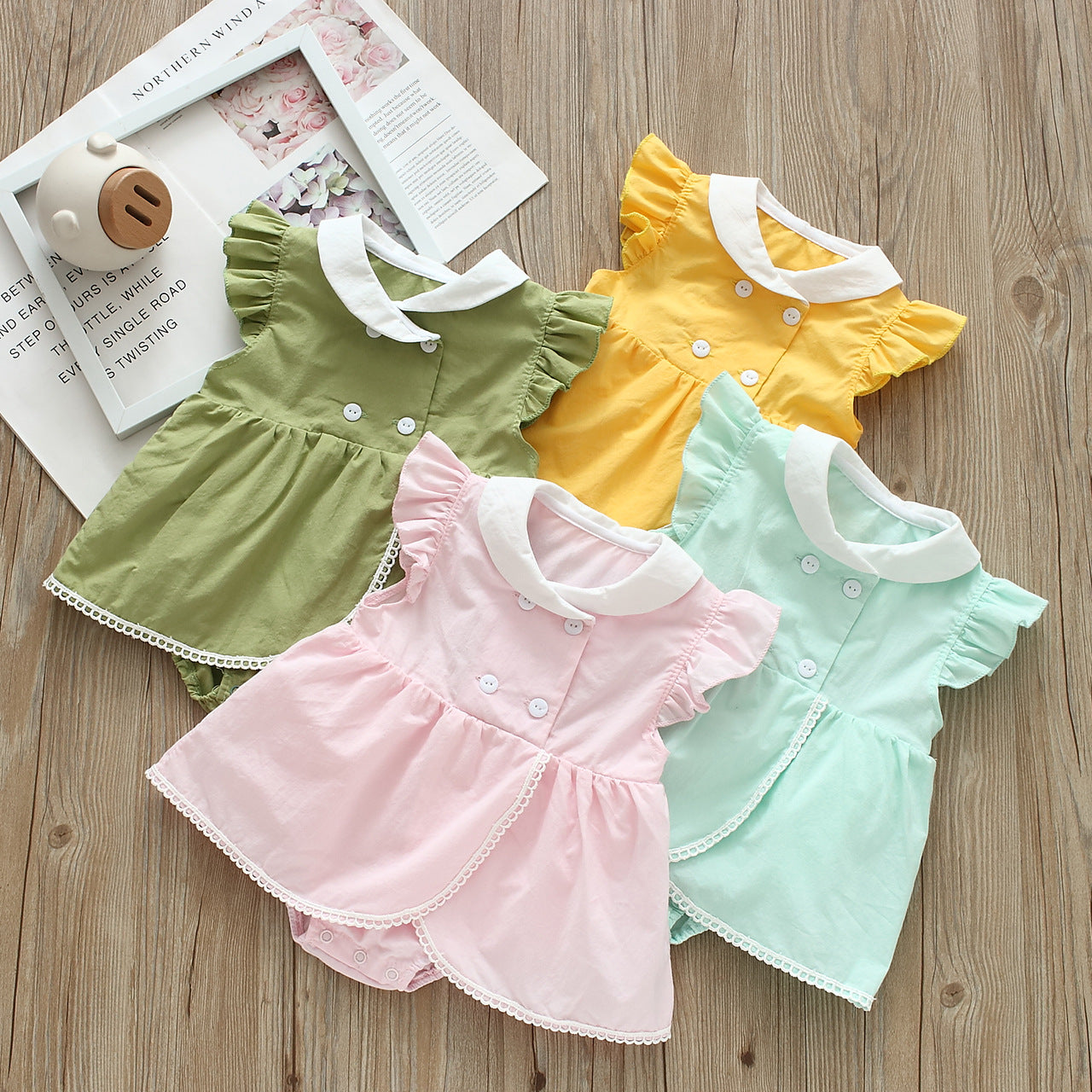 Baby Girls Solid Color Rompers And Bow Accessories Headwear