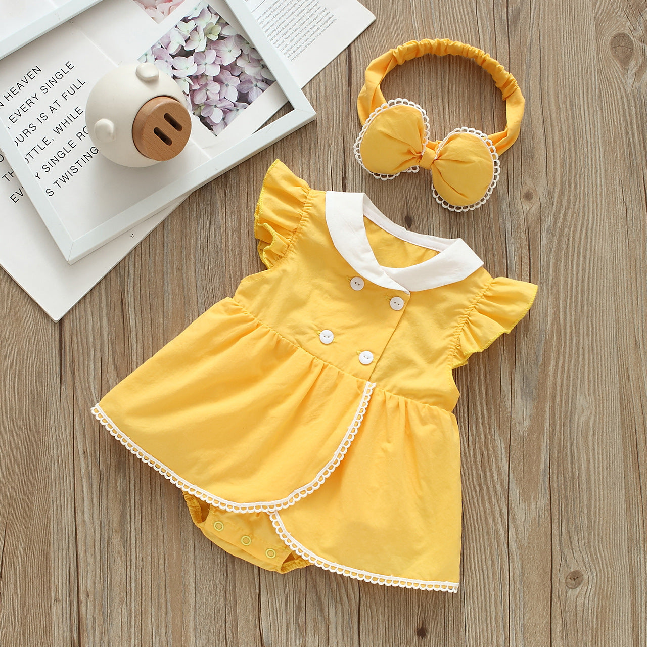 Baby Girls Solid Color Rompers And Bow Accessories Headwear