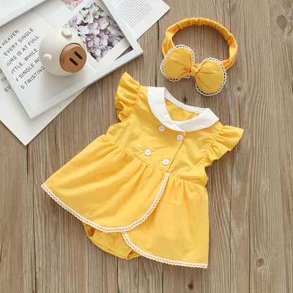 Baby Girls Solid Color Rompers And Bow Accessories Headwear