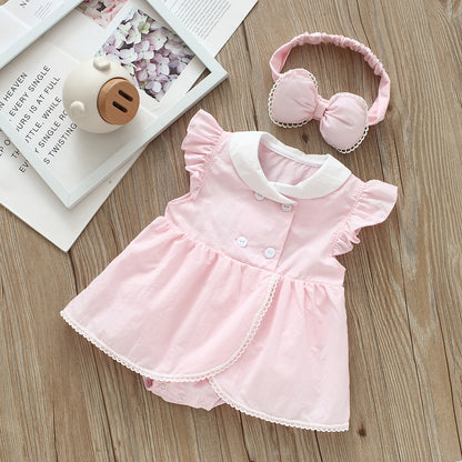 Baby Girls Solid Color Rompers And Bow Accessories Headwear
