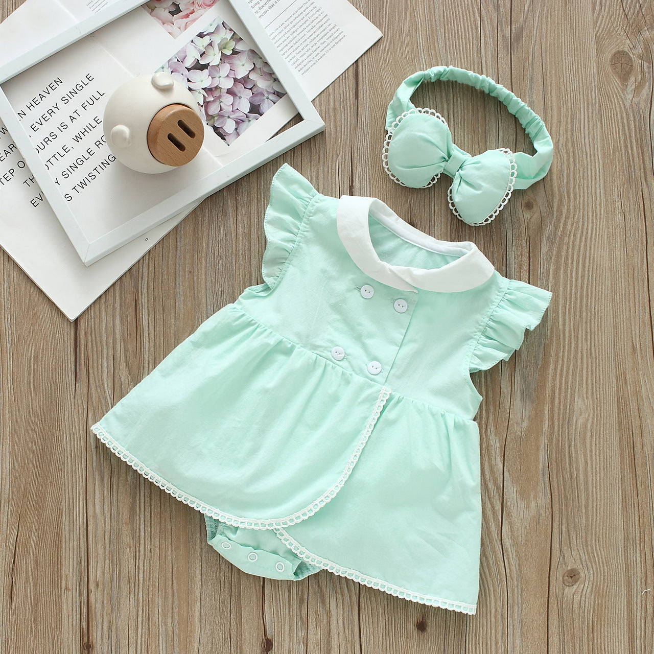 Baby Girls Solid Color Rompers And Bow Accessories Headwear