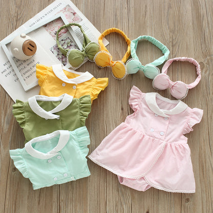 Baby Girls Solid Color Rompers And Bow Accessories Headwear