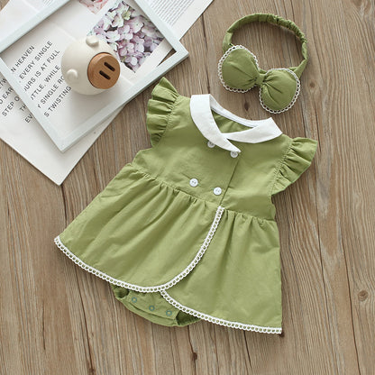 Baby Girls Solid Color Rompers And Bow Accessories Headwear