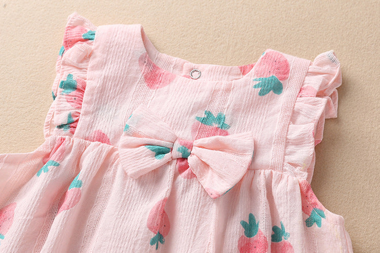 3 Pieces Set Baby Girls Fruit Bow Print Dresses And Underwears