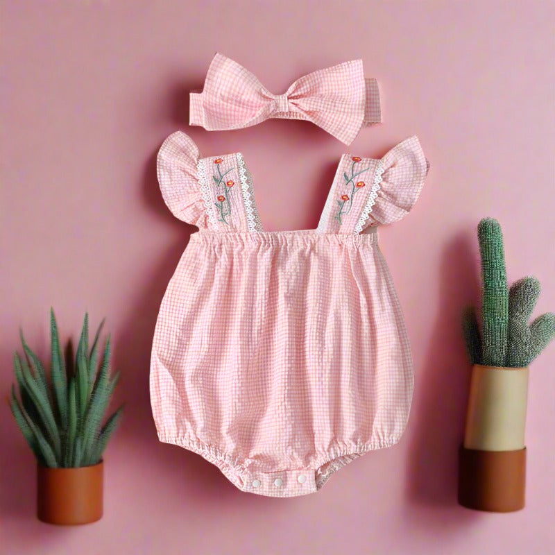 Baby Girls Flower Checked Bow Rompers Headwear