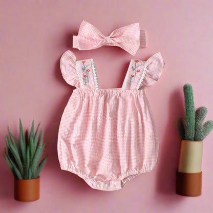Baby Girls Flower Checked Bow Rompers Headwear