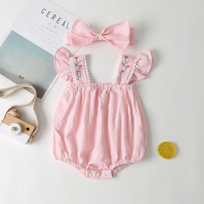 Baby Girls Flower Checked Bow Rompers Headwear
