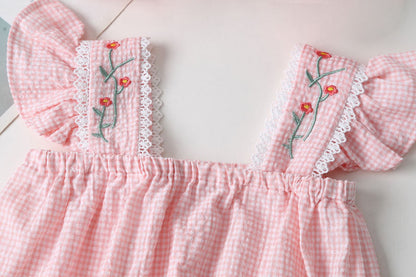 Baby Girls Flower Checked Bow Rompers Headwear