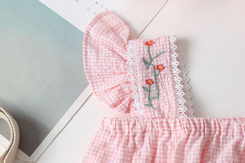 Baby Girls Flower Checked Bow Rompers Headwear