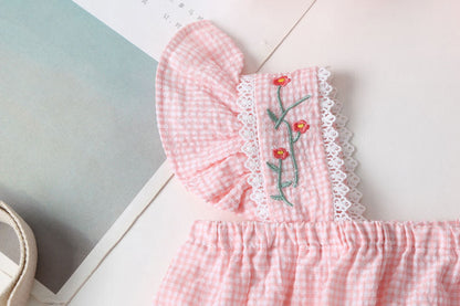 Baby Girls Flower Checked Bow Rompers Headwear
