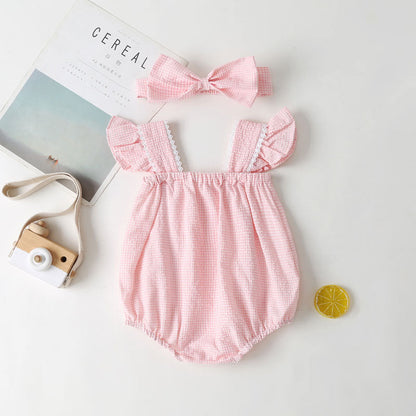 Baby Girls Flower Checked Bow Rompers Headwear