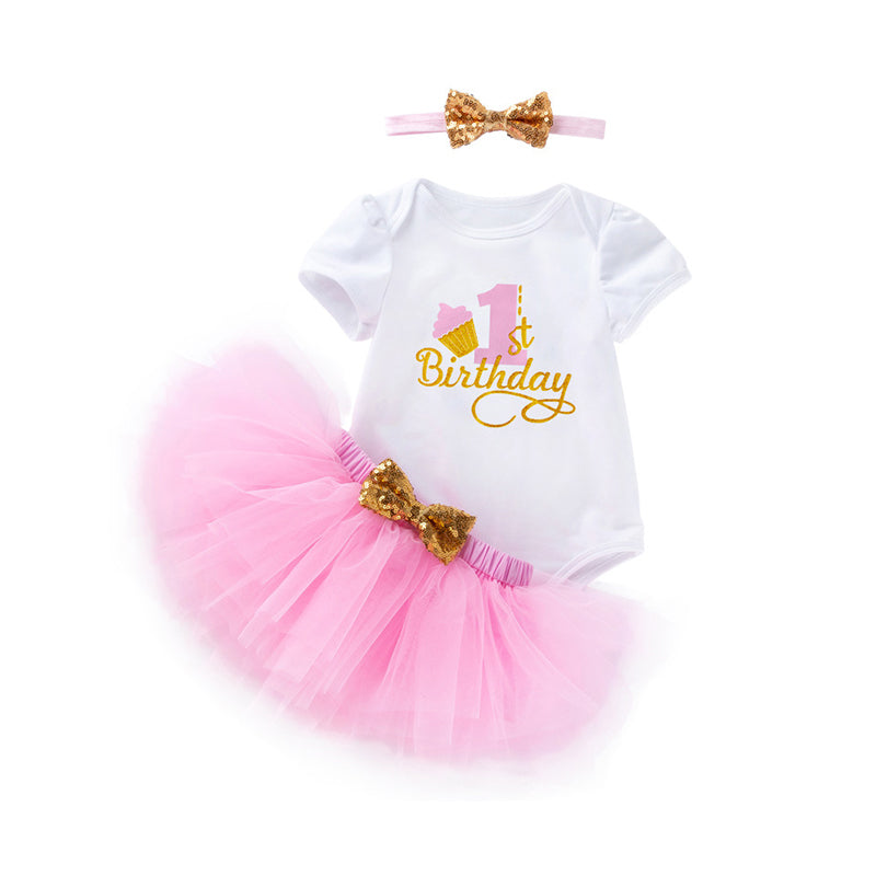 3 Pieces Set Baby Girls Birthday Skirts And Bow Headwear