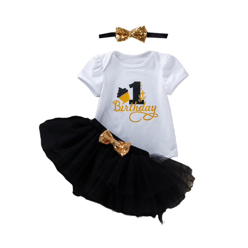 3 Pieces Set Baby Girls Birthday Skirts And Bow Headwear