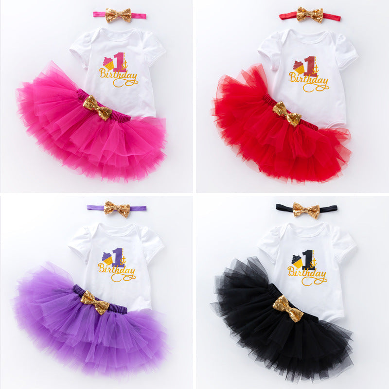 3 Pieces Set Baby Girls Birthday Skirts And Bow Headwear