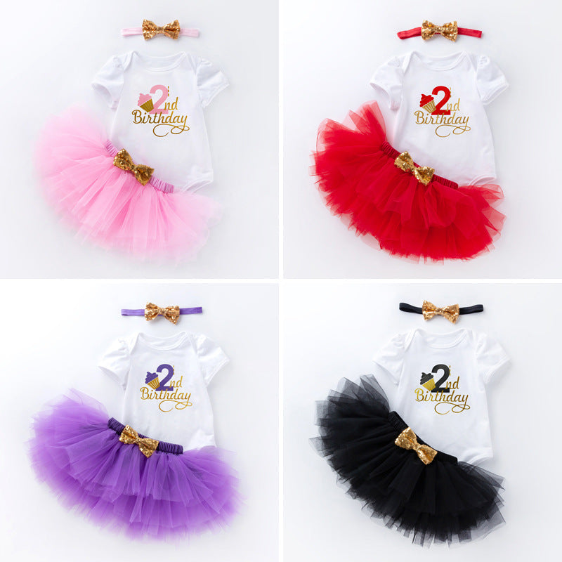 3 Pieces Set Baby Girls Birthday Skirts And Bow Headwear