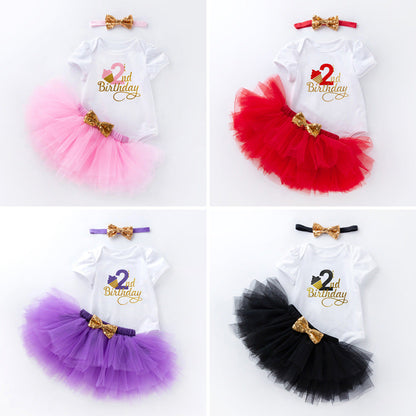 3 Pieces Set Baby Girls Birthday Skirts And Bow Headwear