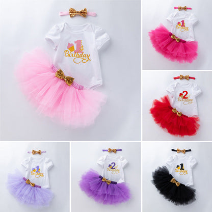 3 Pieces Set Baby Girls Birthday Skirts And Bow Headwear