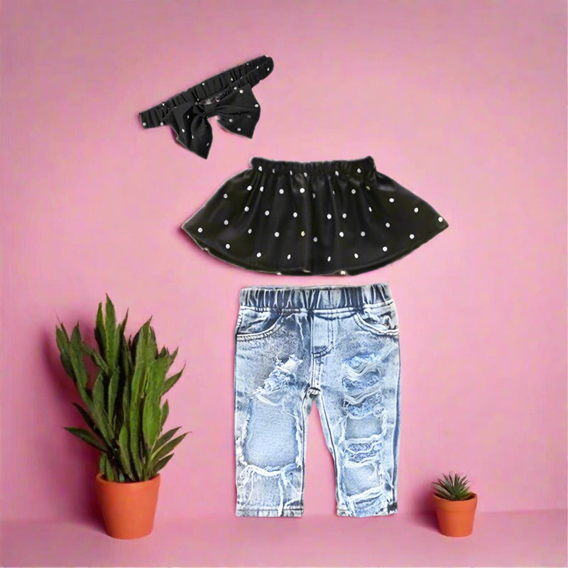 3 Pieces Set  Kid Girls Tops And Jeans And Bow Headwear