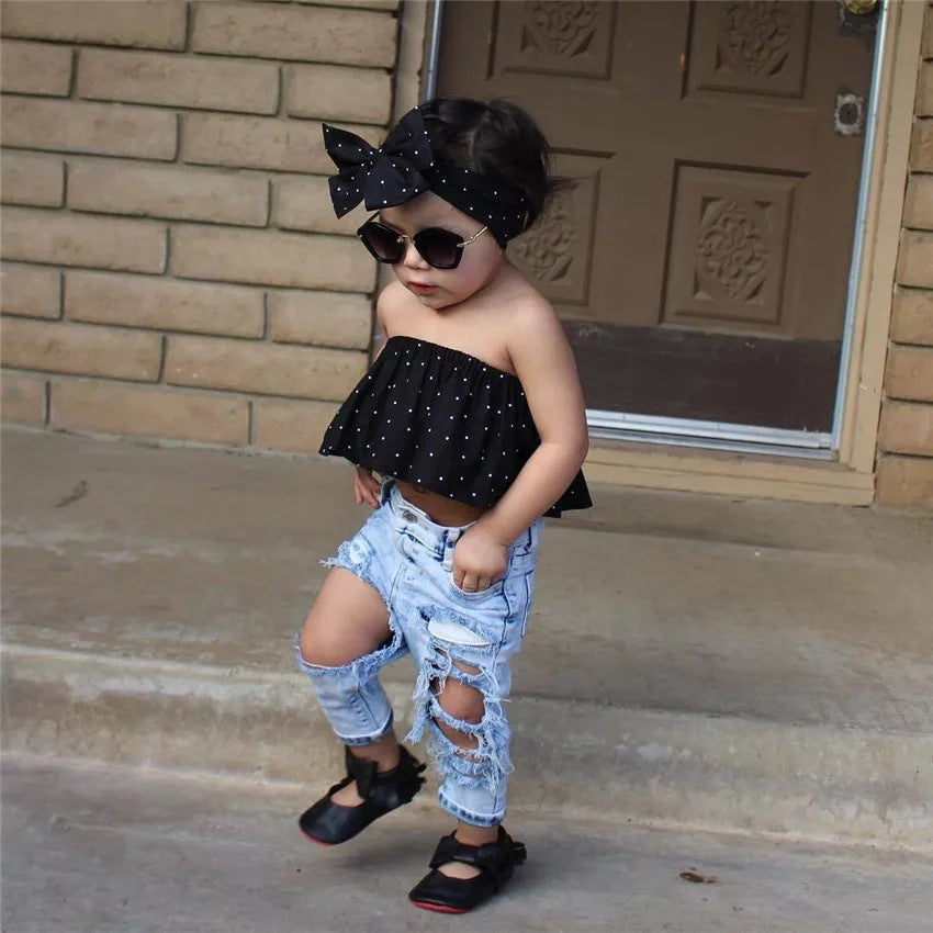 3 Pieces Set  Kid Girls Tops And Jeans And Bow Headwear