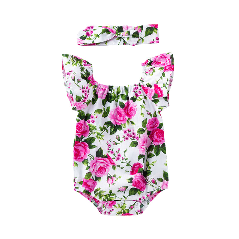 Baby Girls Flower Plant Print Rompers Accessories Headwear
