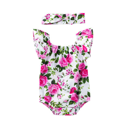 Baby Girls Flower Plant Print Rompers Accessories Headwear