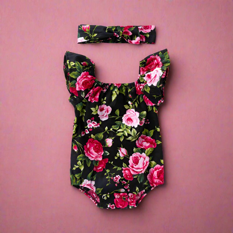 Baby Girls Flower Plant Print Rompers Accessories Headwear
