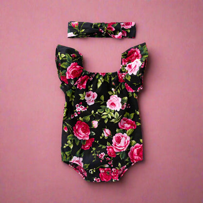 Baby Girls Flower Plant Print Rompers Accessories Headwear
