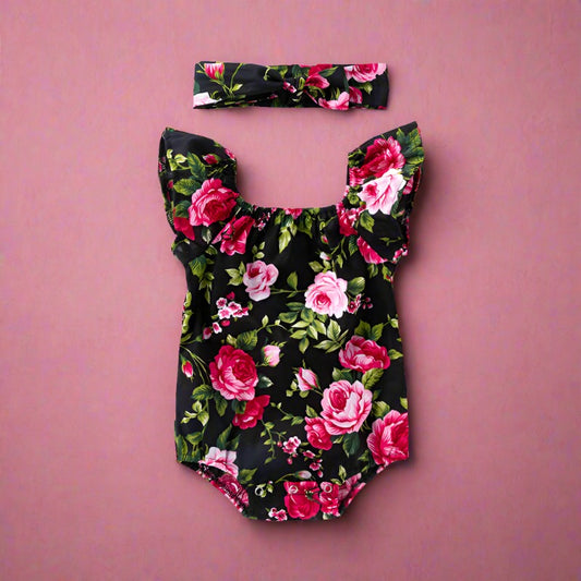 Baby Girls Flower Plant Print Rompers Accessories Headwear