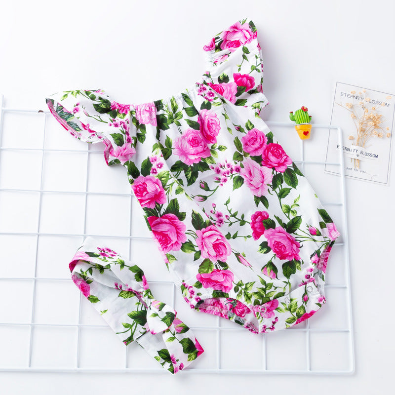 Baby Girls Flower Plant Print Rompers Accessories Headwear