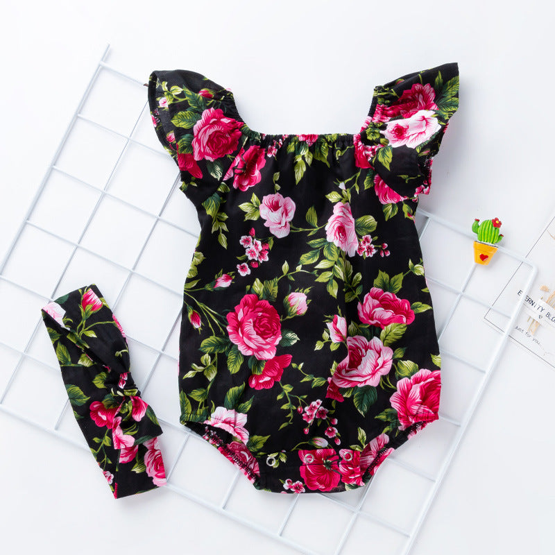 Baby Girls Flower Plant Print Rompers Accessories Headwear