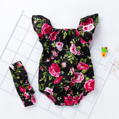 Baby Girls Flower Plant Print Rompers Accessories Headwear