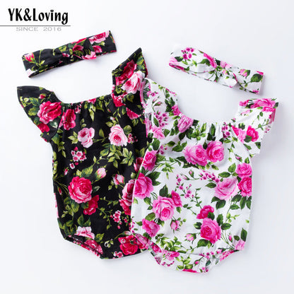 Baby Girls Flower Plant Print Rompers Accessories Headwear
