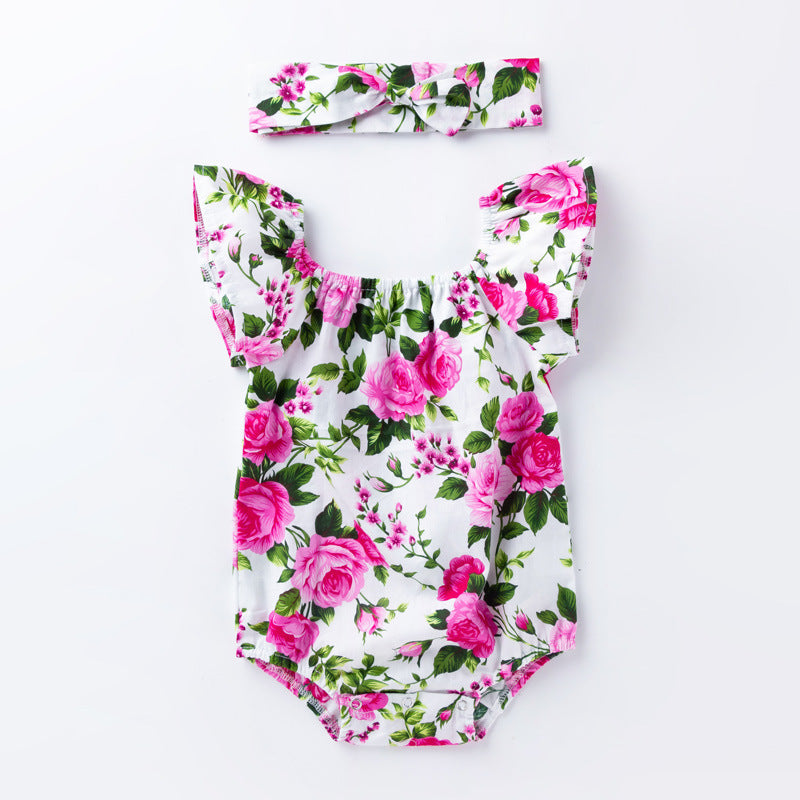 Baby Girls Flower Plant Print Rompers Accessories Headwear