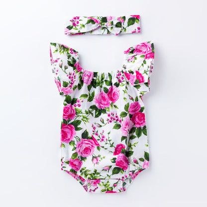 Baby Girls Flower Plant Print Rompers Accessories Headwear